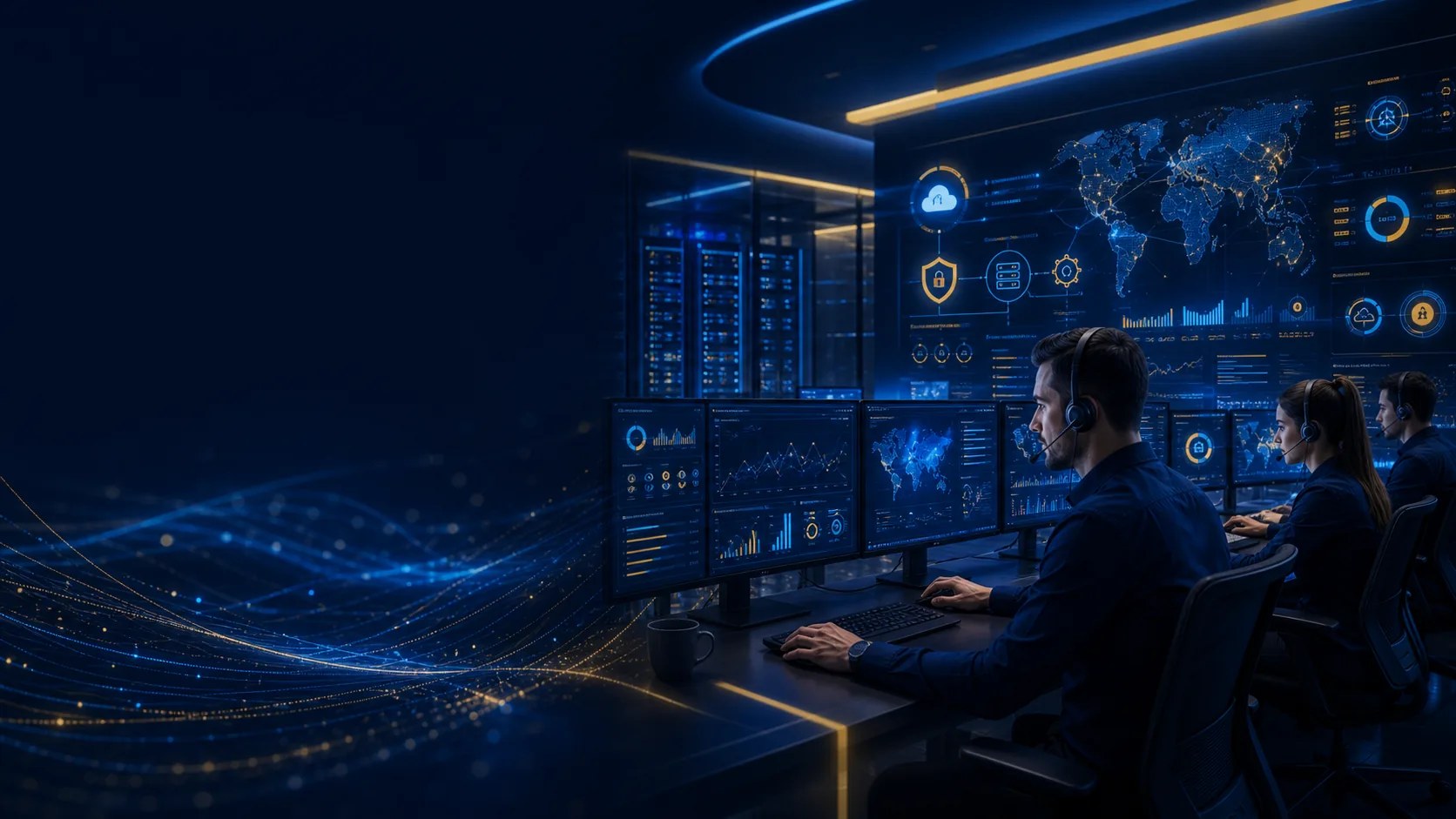 Technical support engineers monitoring dashboards and security systems