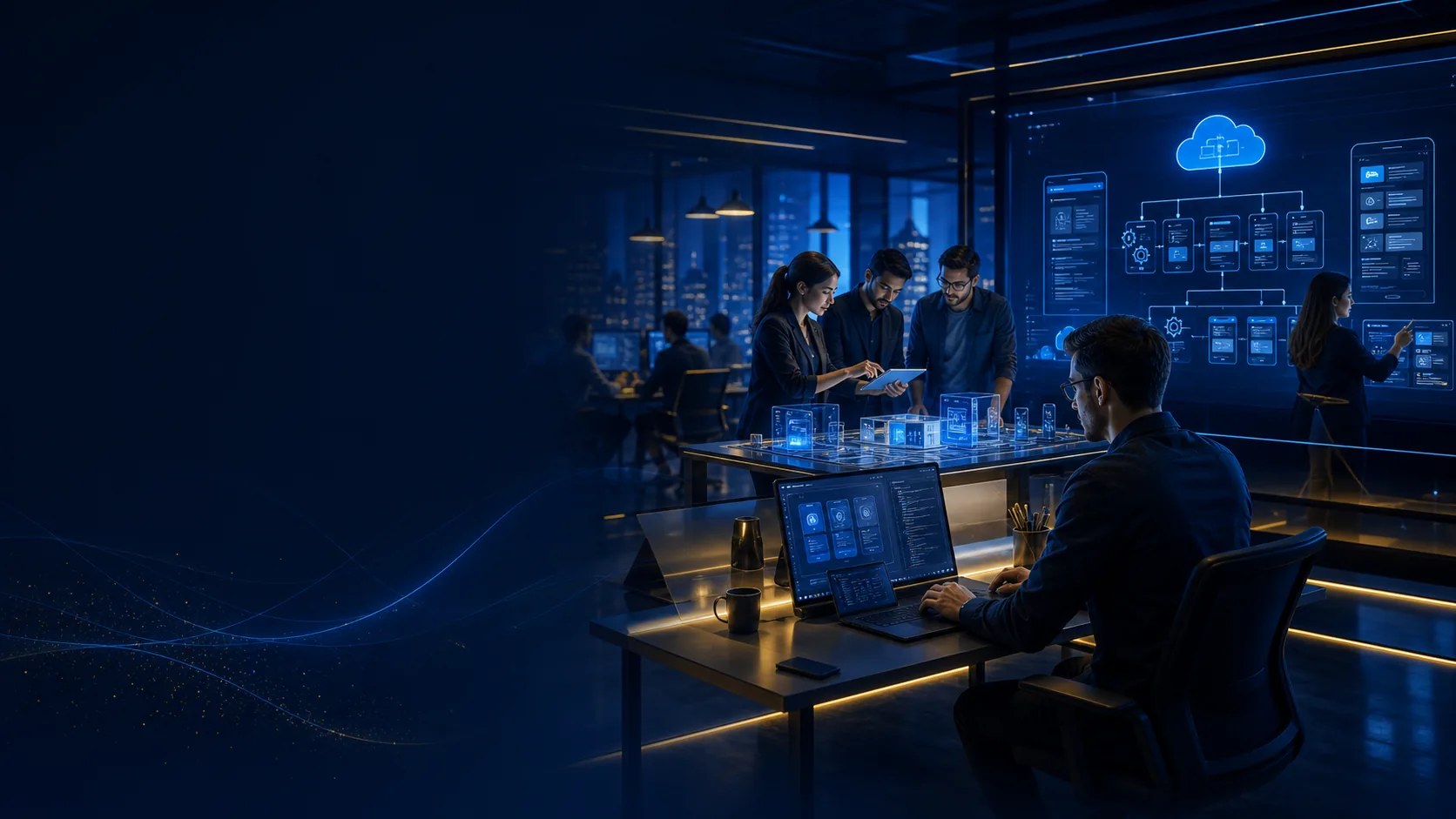 Web and IT development team planning a cloud architecture on a shared screen